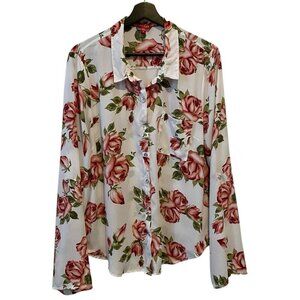 Guess XL Floral Rose Print 3/4 Sleeve Collared Blouse
